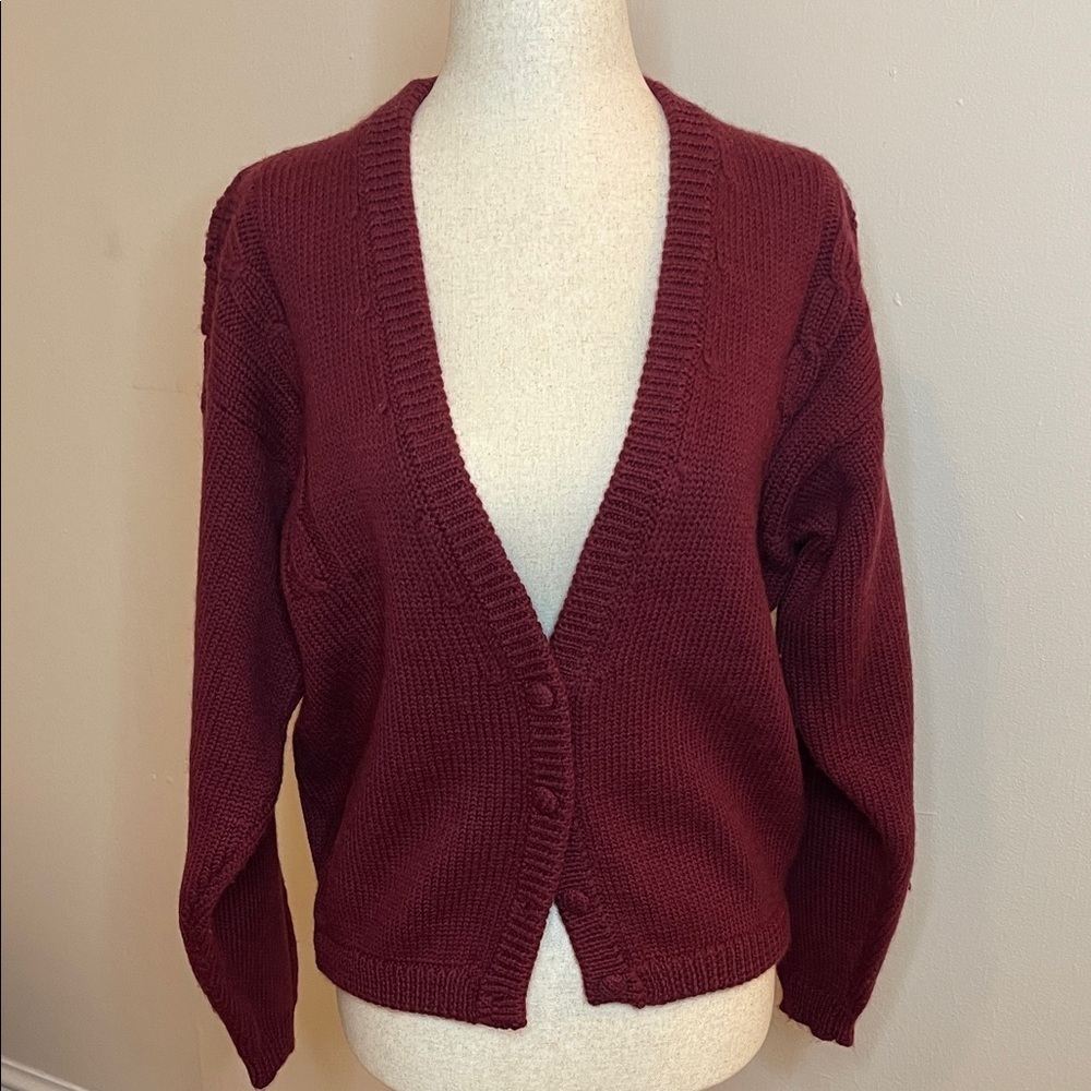 Mary Flaherty Irish Lambswool Cardigan Wine 100% Wool Made in Ireland M
